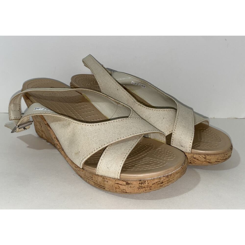Crocs Womens Leigh Slingback Wedge Sandals Natural Canvas Sz 10